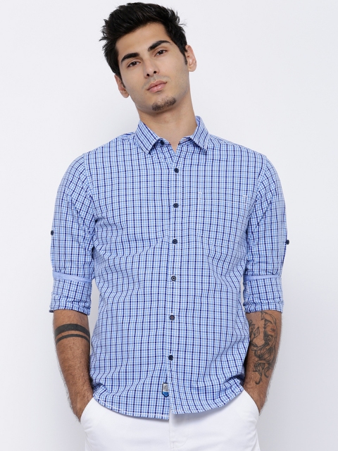 

LOCOMOTIVE Men Blue & White Slim Fit Checked Casual Shirt