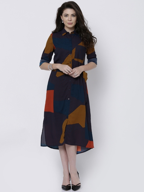 

Tokyo Talkies Women Navy & Orange Printed Midi Shirt Dress, Navy blue