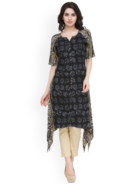 

Indibelle Women Black & Beige Printed Asymmetric A-Line Kurta