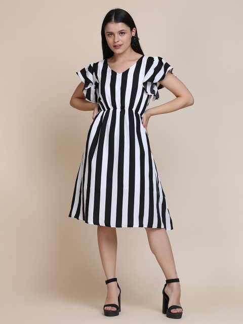 

Atsevam White & Black Striped Crepe A-Line Dress