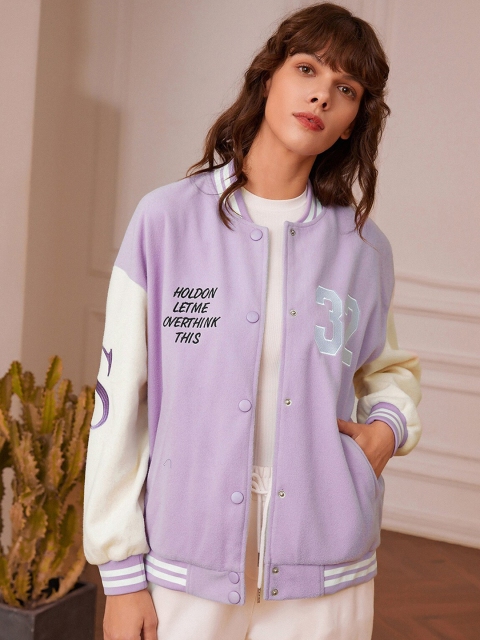 

URBANIC Women Purple Off White Typography Varsity Jacket
