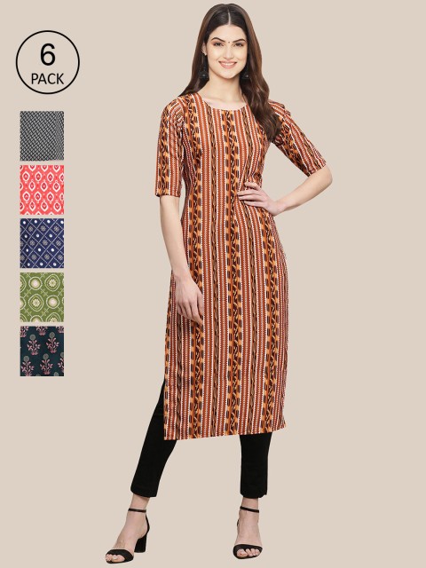 

7Threads Women Pack of 6 Digital Printed Crepe Straight Kurtas, Brown
