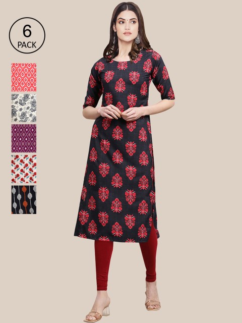 

7Threads Women Red And Black Geometric Printed Crepe Kurta [PACK OF 6]