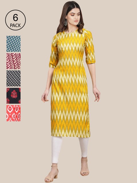 

7Threads Women Pack of 6 Digital Printed Crepe Straight Kurtas, Yellow
