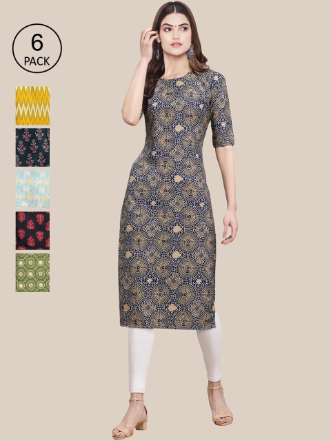 

7Threads Women Pack of 6 Digital Printed Crepe Straight Kurtas, Yellow