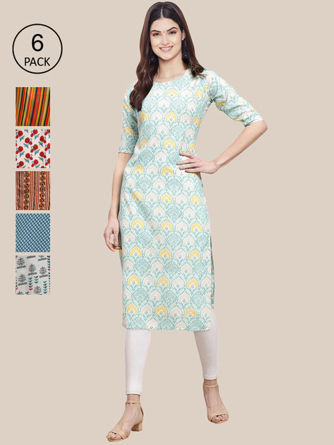 

7Threads Women Pack of 6 Digital Printed Crepe Straight Kurtas, Red