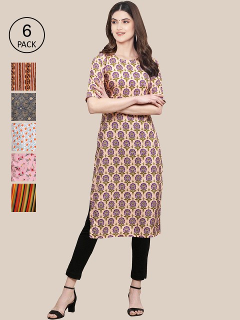 

7Threads Women Pack of 6 Digital Printed Crepe Straight Kurtas, Pink