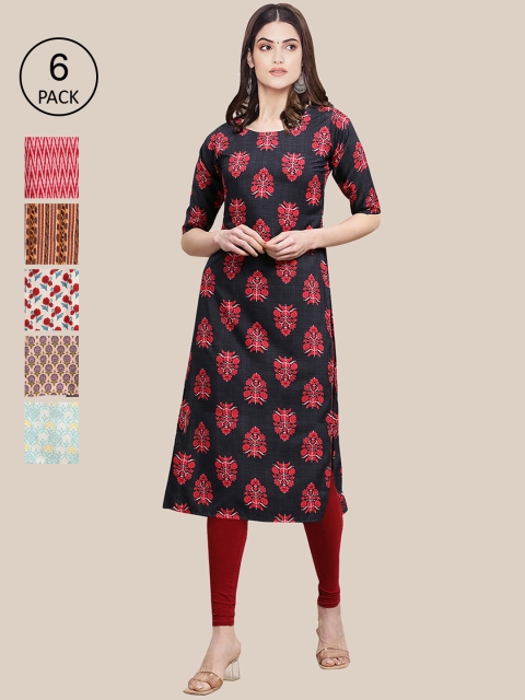 

7Threads Women Pack of 6 Digital Printed Crepe Straight Kurtas, Red