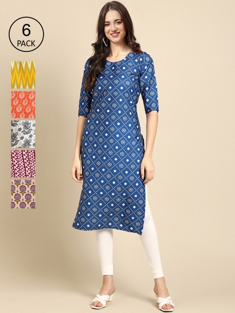 

7Threads Women Pack of 6 Digital Printed Crepe Straight Kurtas, Yellow
