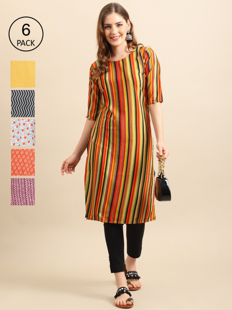 

7Threads Women Pack of 6 Digital Printed Straight Kurtas, Multi