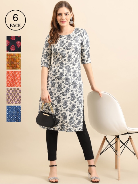 

7Threads Women Pack Of 6 Geometric Printed Crepe Kurta, Blue