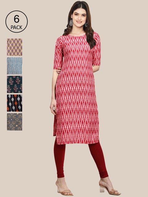 

7Threads Women Pack Of 6 Ethnic Motifs Printed Crepe Kurta, Red