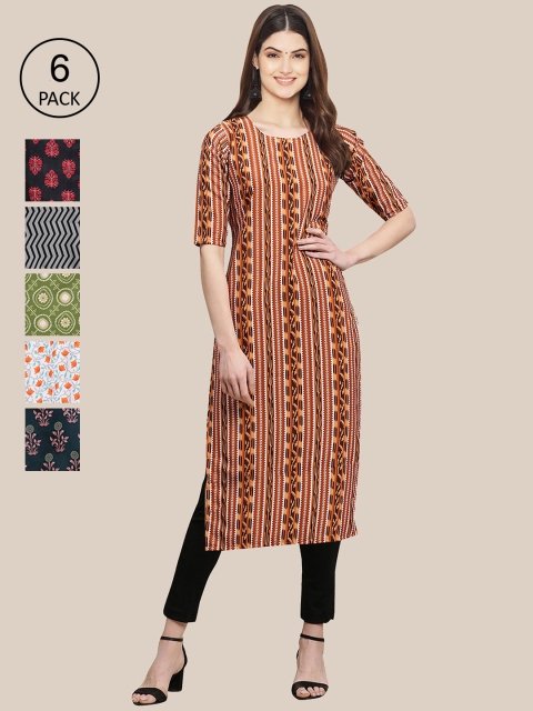 

7Threads Women Pack of 6 Brown & Black Floral Printed Crepe Kurta