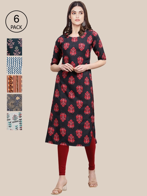 

7Threads Pack of 6 Women Printed Straight Crepe Kurta, Multi