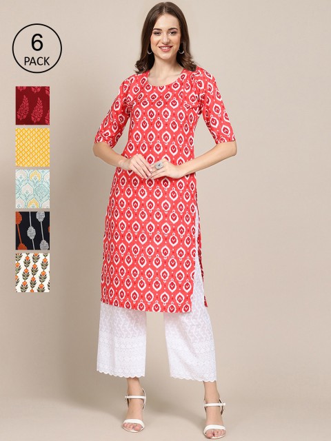 

7Threads Women Pack of 6 Printed Crepe Kurta, Peach
