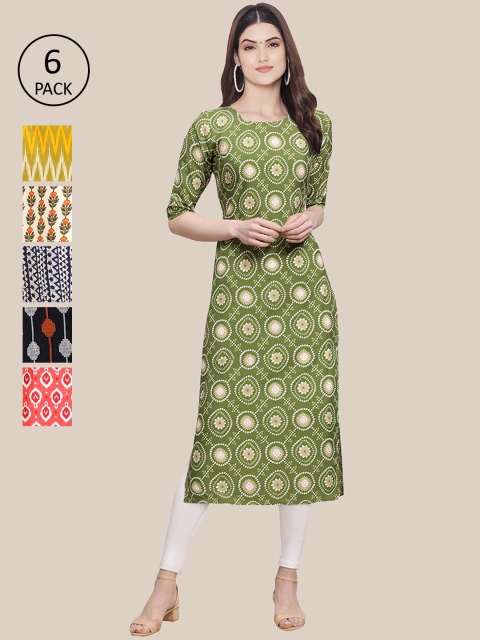 

7Threads Women Pack of 6 Digital Printed Crepe Straight Kurtas, Multi