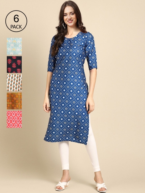 

7Threads Women Pack Of 6 Multicoloured Geometric Printed Crepe Kurta, Multi