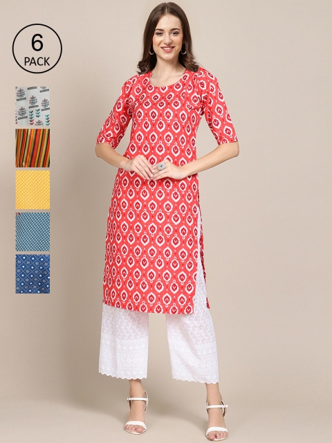 

7Threads Women Pack of 6 Geometric Printed Crepe Kurta, Pink