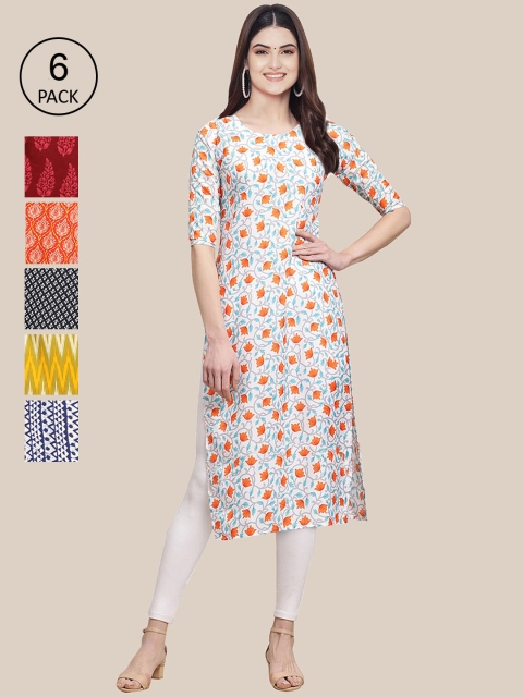

7Threads Women Pack Of 6 Multicoloured Geometric Printed Crepe Kurta, Multi