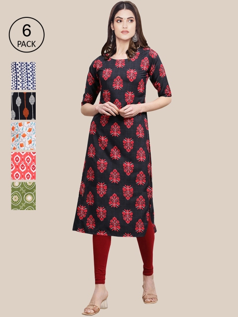 

7Threads Women Pack of 6 Geometric Printed Crepe Kurta, Black