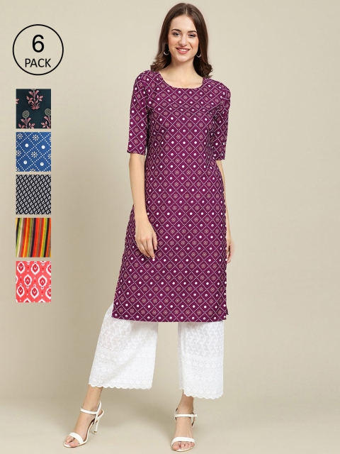 

7Threads Pack of 6 Women Magenta & Pink Floral Printed Crepe Kurta