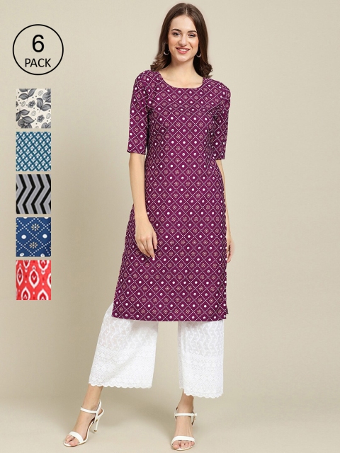 

7Threads Women Pack Of 6 Ethnic Motifs Printed Crepe Kurta, Violet