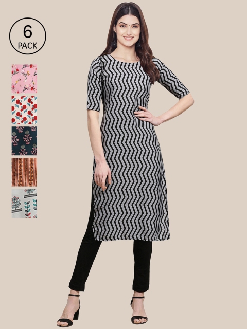 

7Threads Women Pack of 6 Ethnic Motifs Printed Crepe Kurta, Multi