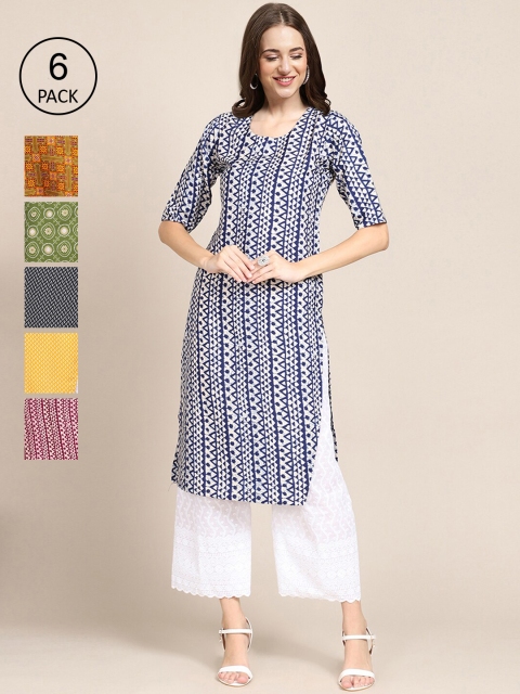 

7Threads Women Pack of 6 Digital Printed Crepe Straight Kurtas, Multi