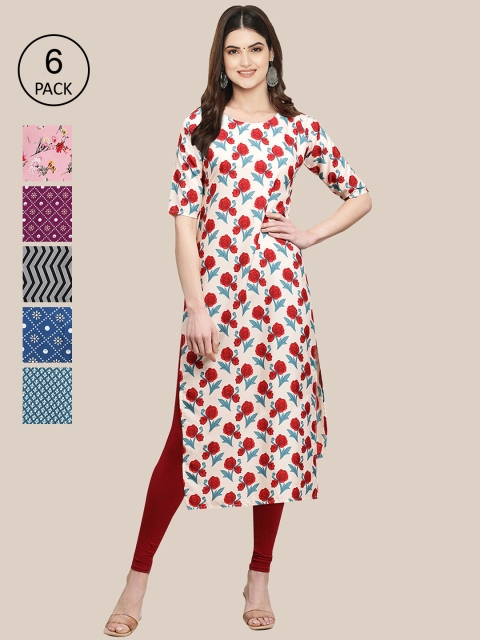 

7Threads Women Pack Of 6 Multicoloured Geometric Printed Crepe Kurta, Multi