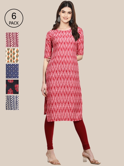 

7Threads Women Pack Of 6 Multicoloured Geometric Printed Crepe Kurta, Multi