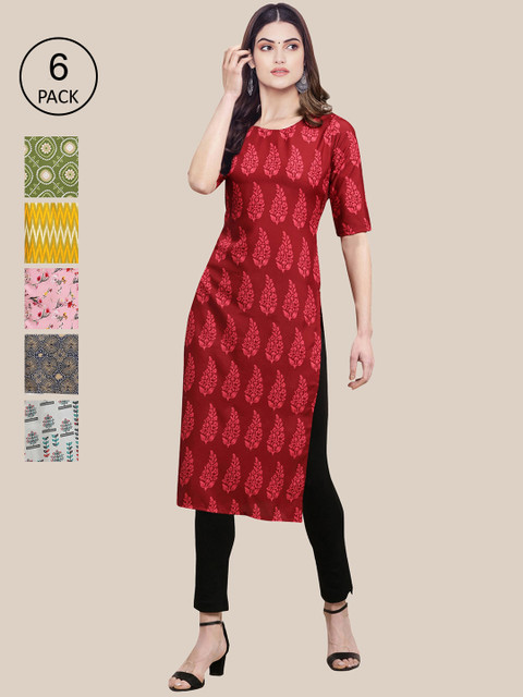 

7Threads Women Pack Of 6 Multicoloured Ethnic Motifs Printed Crepe Kurta, Multi