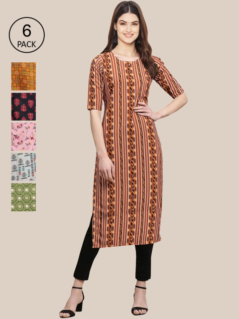 

7Threads Women Pack Of 6 Multicoloured Geometric Printed Crepe Kurta, Multi