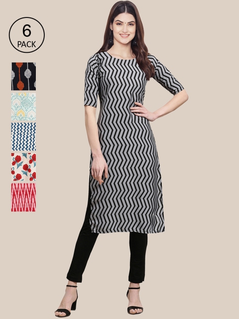 

7Threads Women Pack Of 6 Multicoloured Geometric Printed Crepe Kurta, Multi