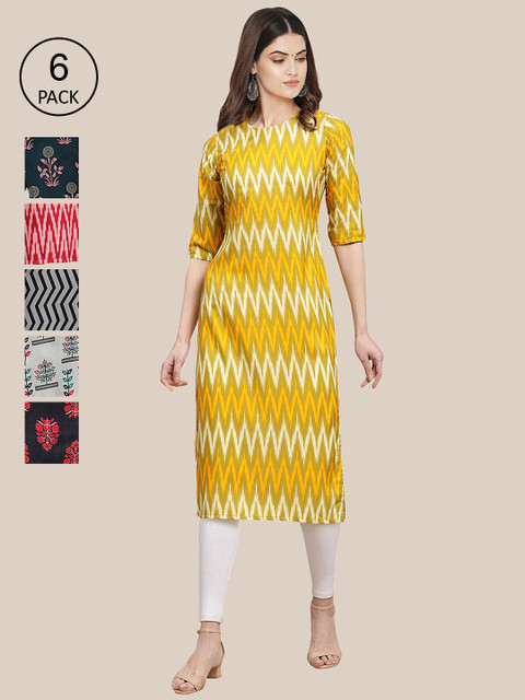 

7Threads Women Pack Of 6 Geometric Printed Crepe Kurta, Yellow