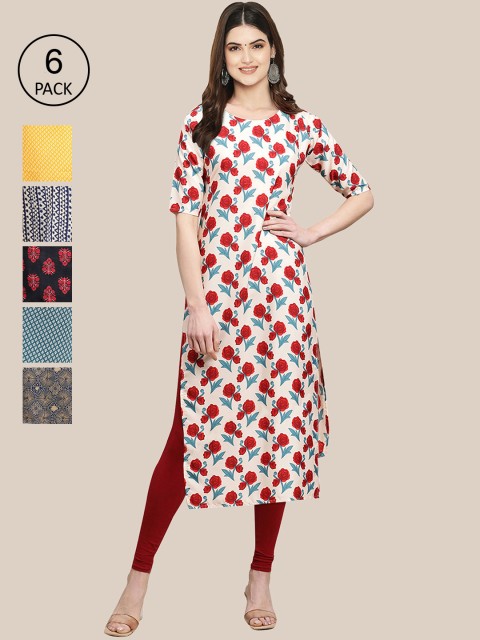 

7Threads Women Pack Of 6 Geometric Printed Crepe Kurta, Red