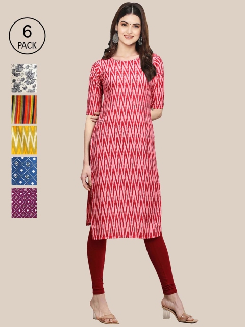 

7Threads Women Pack Of 6 Geometric Crepe Kurta, Red