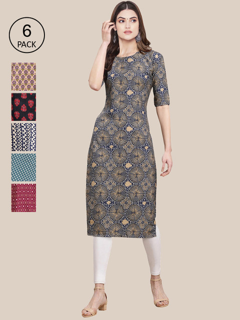 

7Threads Women Pack Of 6 Ethnic Motifs Printed Crepe Kurta, Green