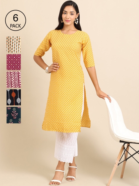 

7Threads Women Pack of 6 Yellow & Beige Paisley Printed Crepe Kurta