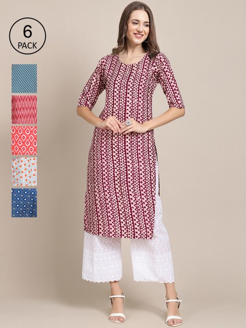 

7Threads Women Pack of 6 Pink & Blue Printed Crepe Kurta