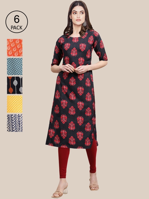 

7Threads Women Pack of 6 Black & Orange Ethnic Motifs Printed Crepe Kurta
