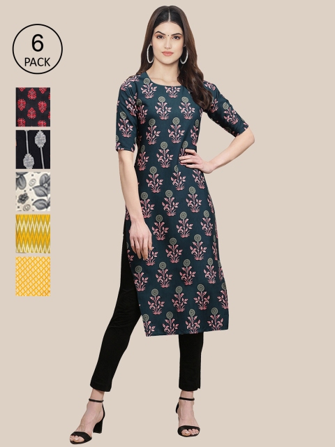 7Threads Women Pack of 6 Digital Printed Crepe Straight Kurtas, Green