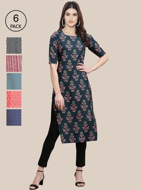 

7Threads Pack of 6 Women Green & Grey Geometric Printed Crepe Kurta