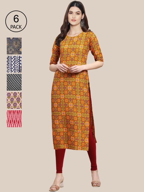 

7Threads Women Pack Of 6 Ethnic Motifs Printed Crepe Kurta, Multi