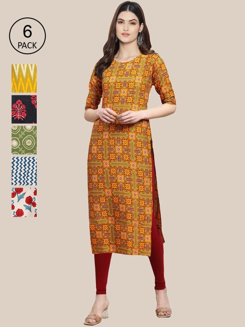 

7Threads Women Pack of 6 Mustard Yellow & Green Ethnic Motifs Printed Crepe Kurta