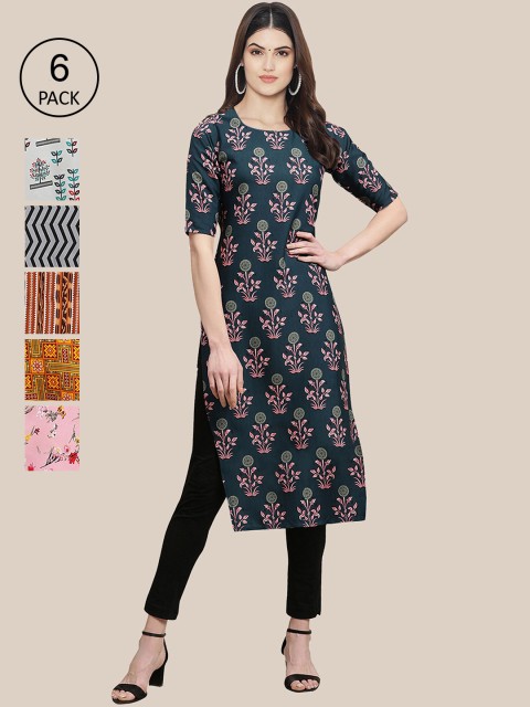

7Threads PACK OF 6 Women Ethnic Motifs Printed Crepe Kurta, Multi