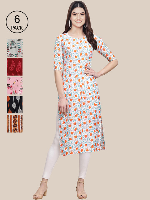 

7Threads PACK OF 6 Women Ethnic Motifs Printed Crepe Kurta, Pink