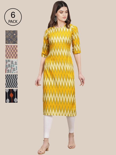 

7Threads PACK OF 6 Women Ethnic Motifs Printed Crepe Kurta, Yellow