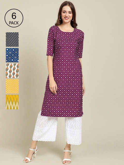 

7Threads Women Pack Of 6 Printed Crepe Kurta, Purple
