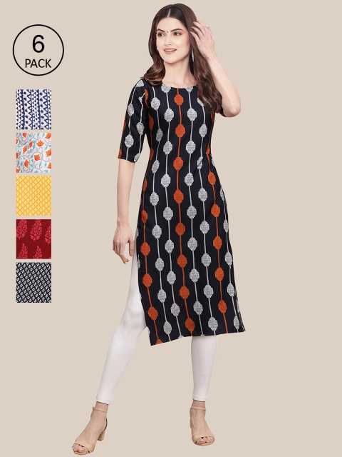 

7Threads Women Set Of 6 Yellow & Red Floral Printed Crepe Kurta