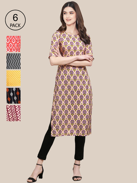 

7Threads Women Multicoloured Pack of 6 Digital Printed Straight Kurta, Multi